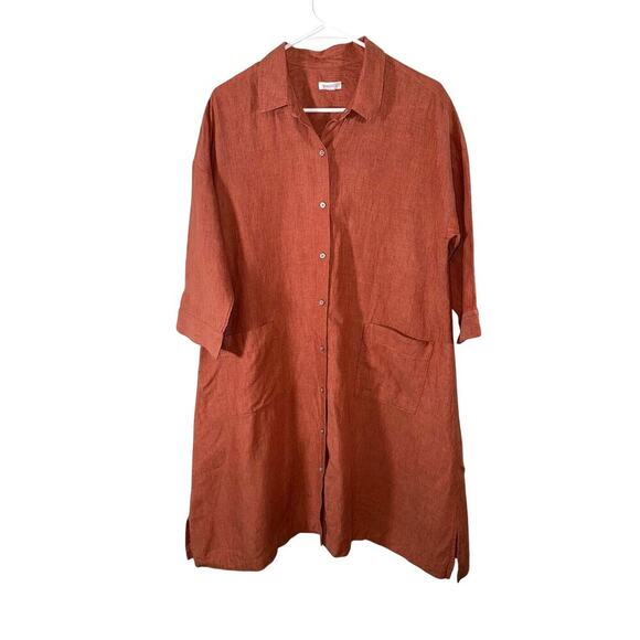 J. Jill Pure Jill Button Down Linen Shirt Dress Burn Orange Sz Medium Petite - Picture 2 of 5